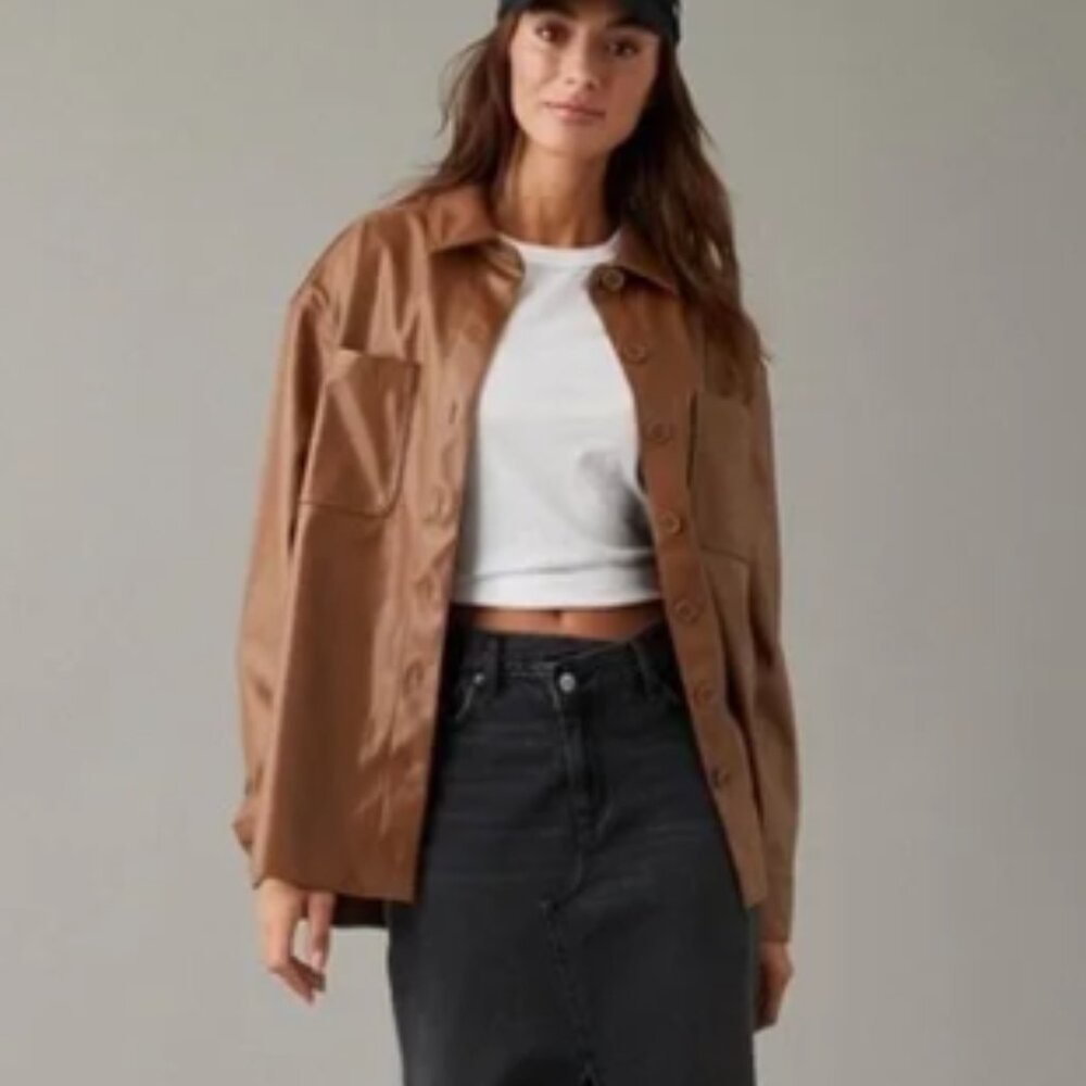 American Eagle Pleather Brown Button-Up Shirt/Sha… - image 2